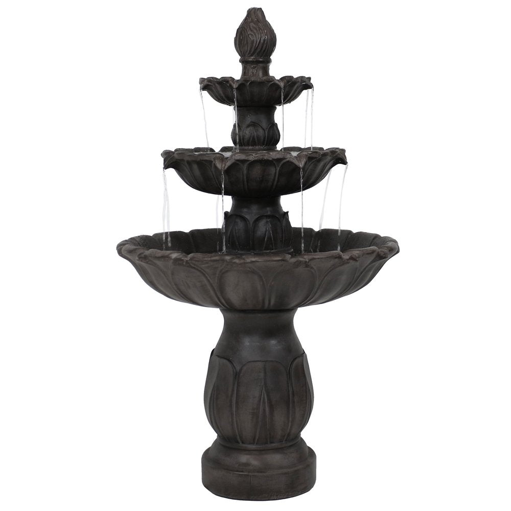 A dark brown, three-tiered plastic garden fountain with water flowing down.