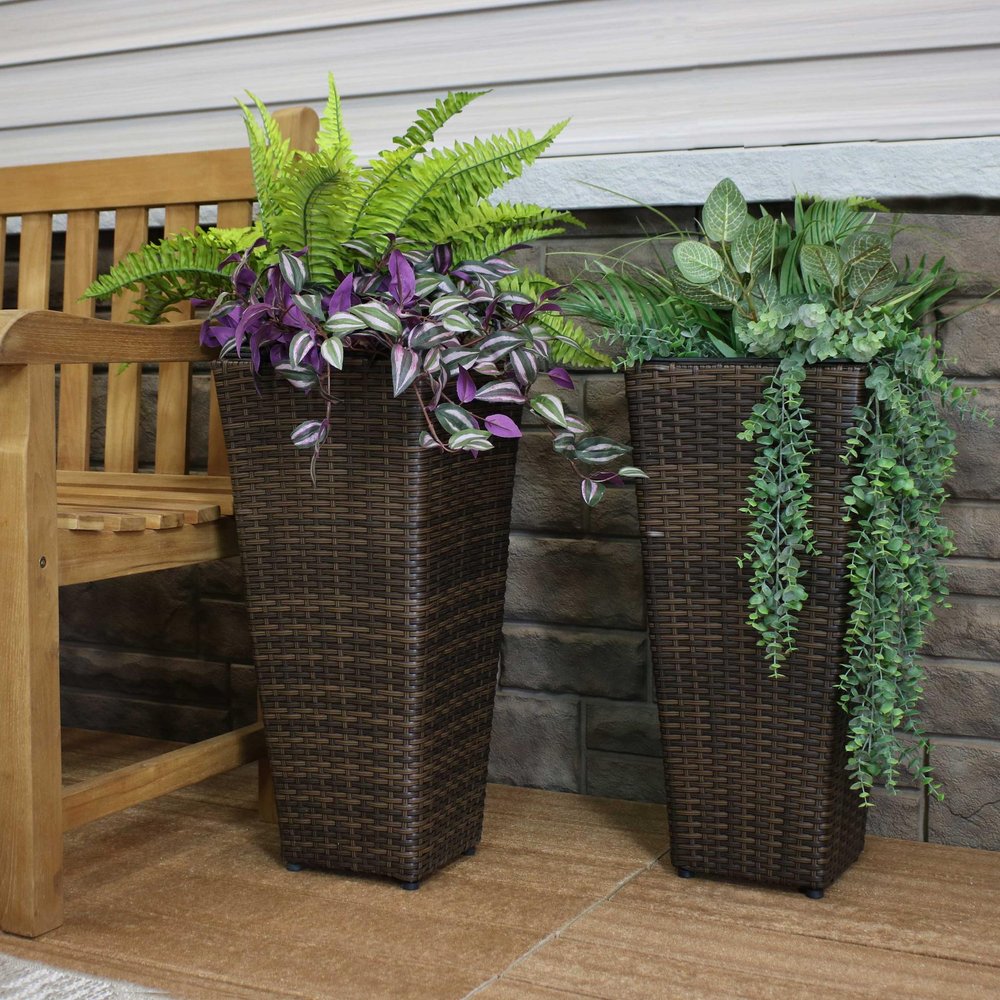 Set of Two 11" X 11" Brown Heavy Duty Plastic Square Pot Planter