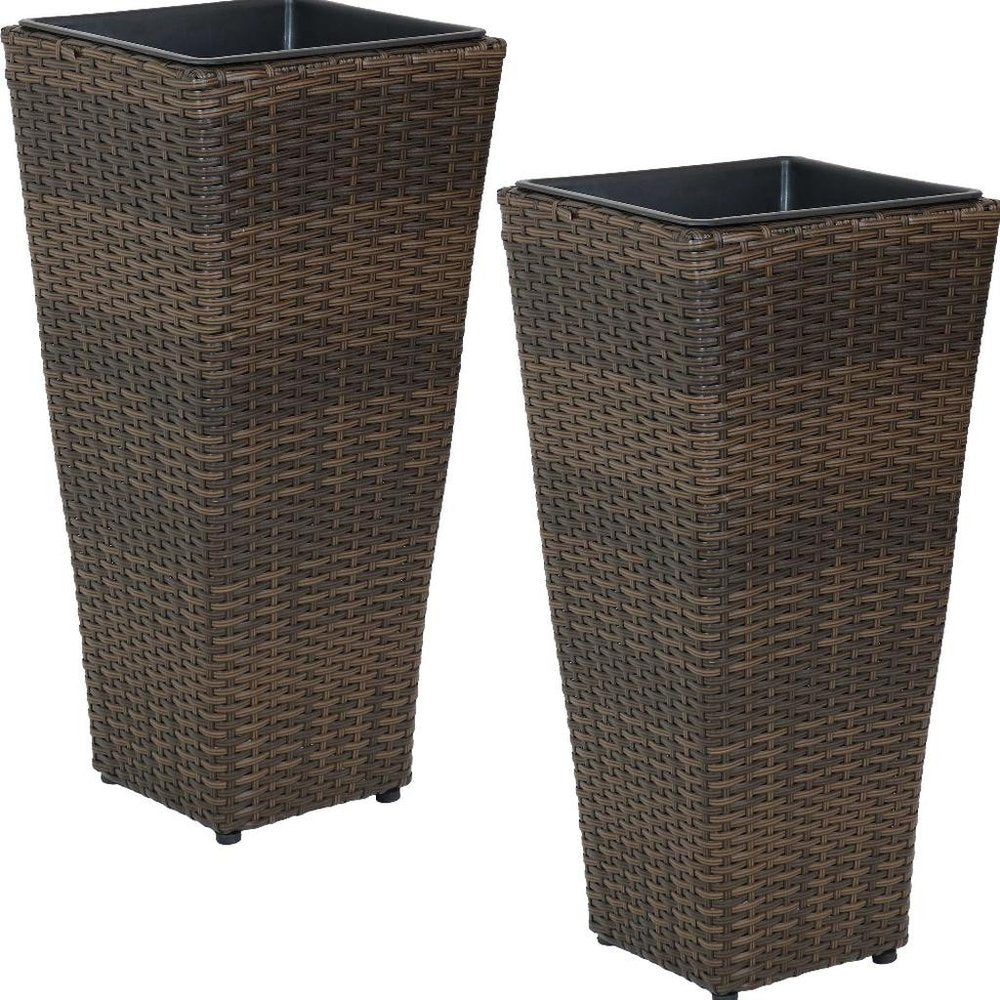 Set of Two 11" X 11" Brown Heavy Duty Plastic Square Pot Planter on a white background