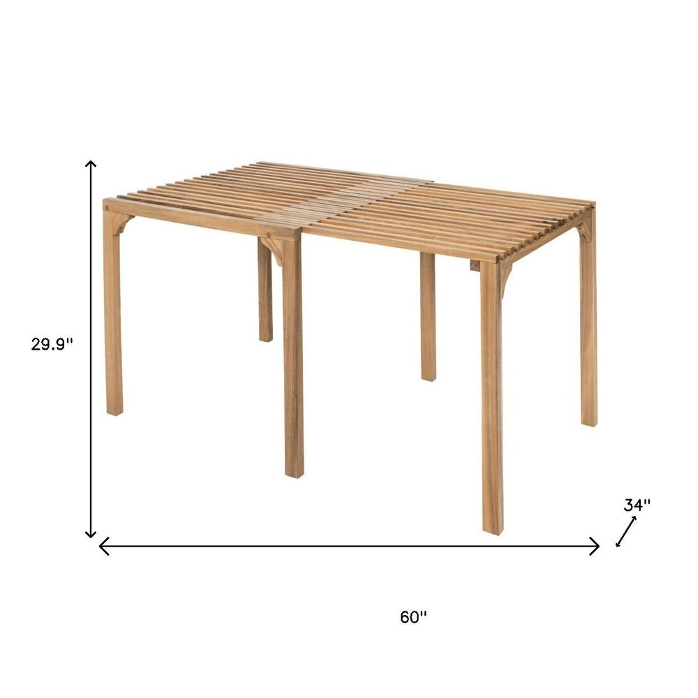 60" Natural Solid Wood Extendable Outdoor Dining Table. Outdoor table isolated on a plain white background, in a tan wood finish.