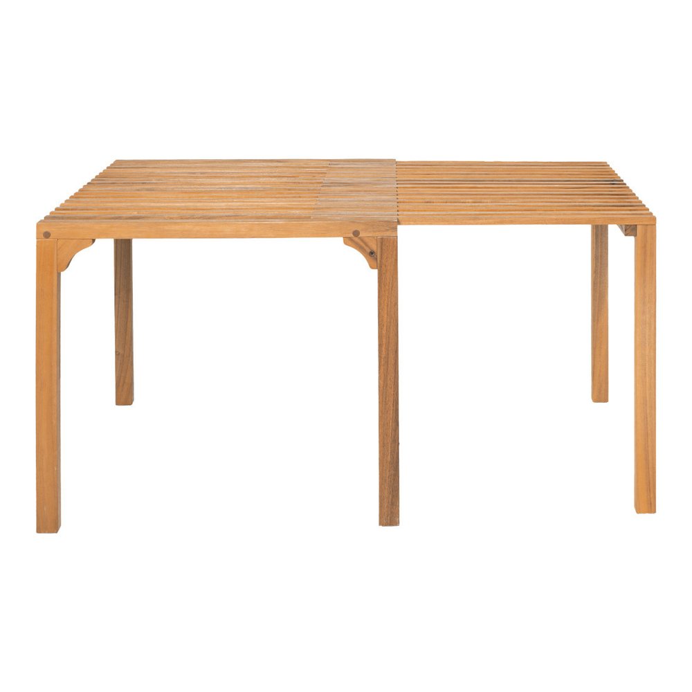60" Natural Solid Wood Extendable Outdoor Dining Table. Outdoor table isolated on a plain white background, finished in tan wood.