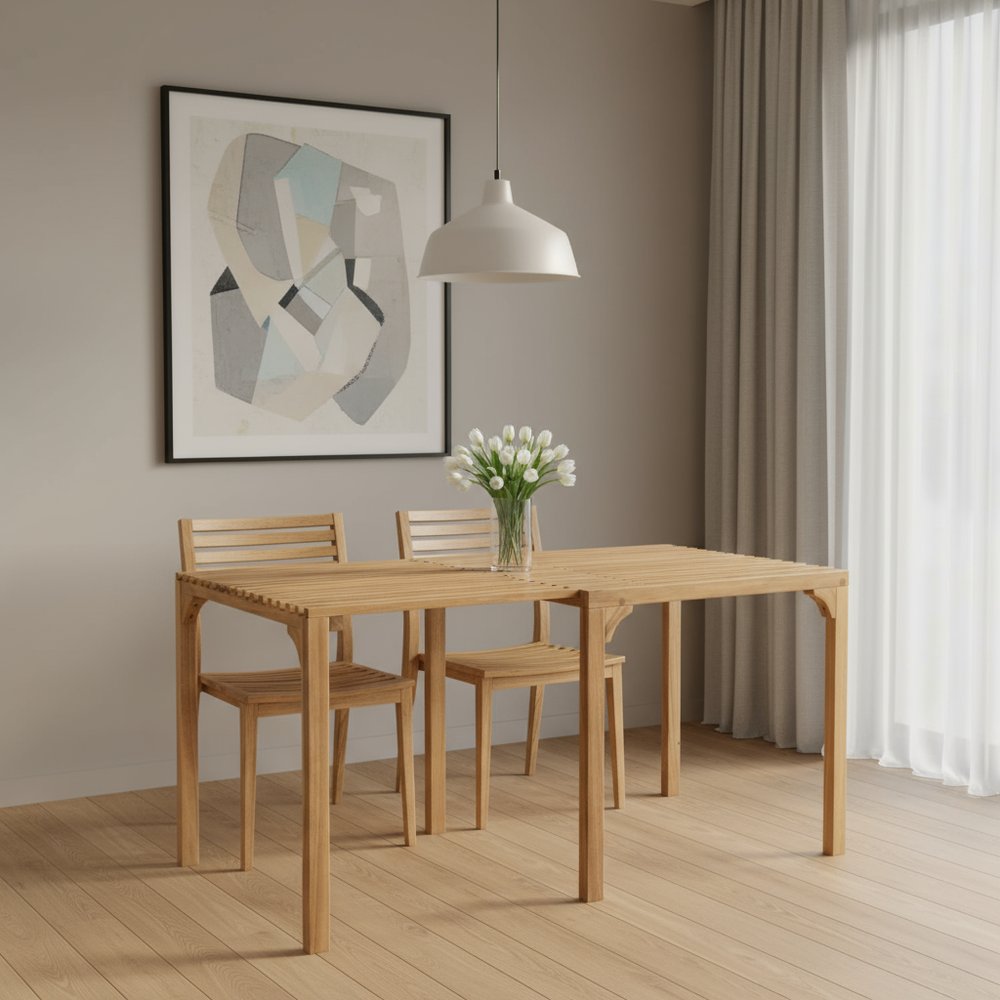 60" Natural Solid Wood Extendable Outdoor Dining Table. Outdoor table in tan wood.