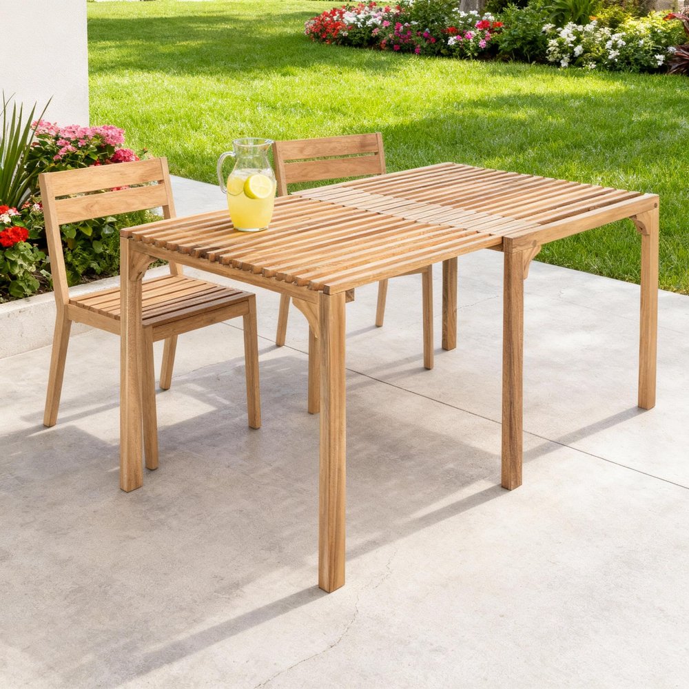 Cropped view of 60" Natural Solid Wood Extendable Outdoor Dining Table focusing on the tan wood surface.