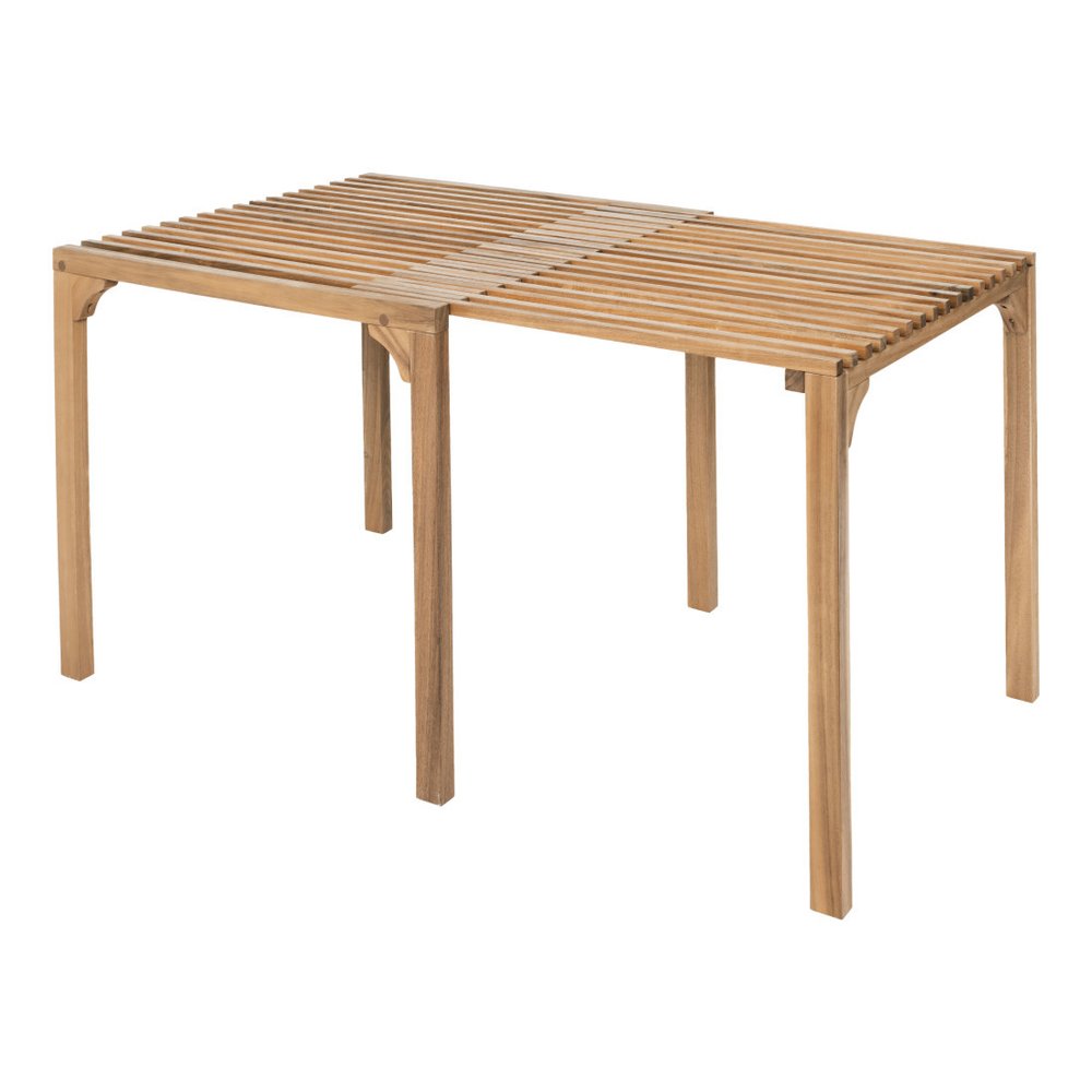 60" Natural Solid Wood Extendable Outdoor Dining Table. Outdoor table isolated on a plain white background, in a tan wood finish.