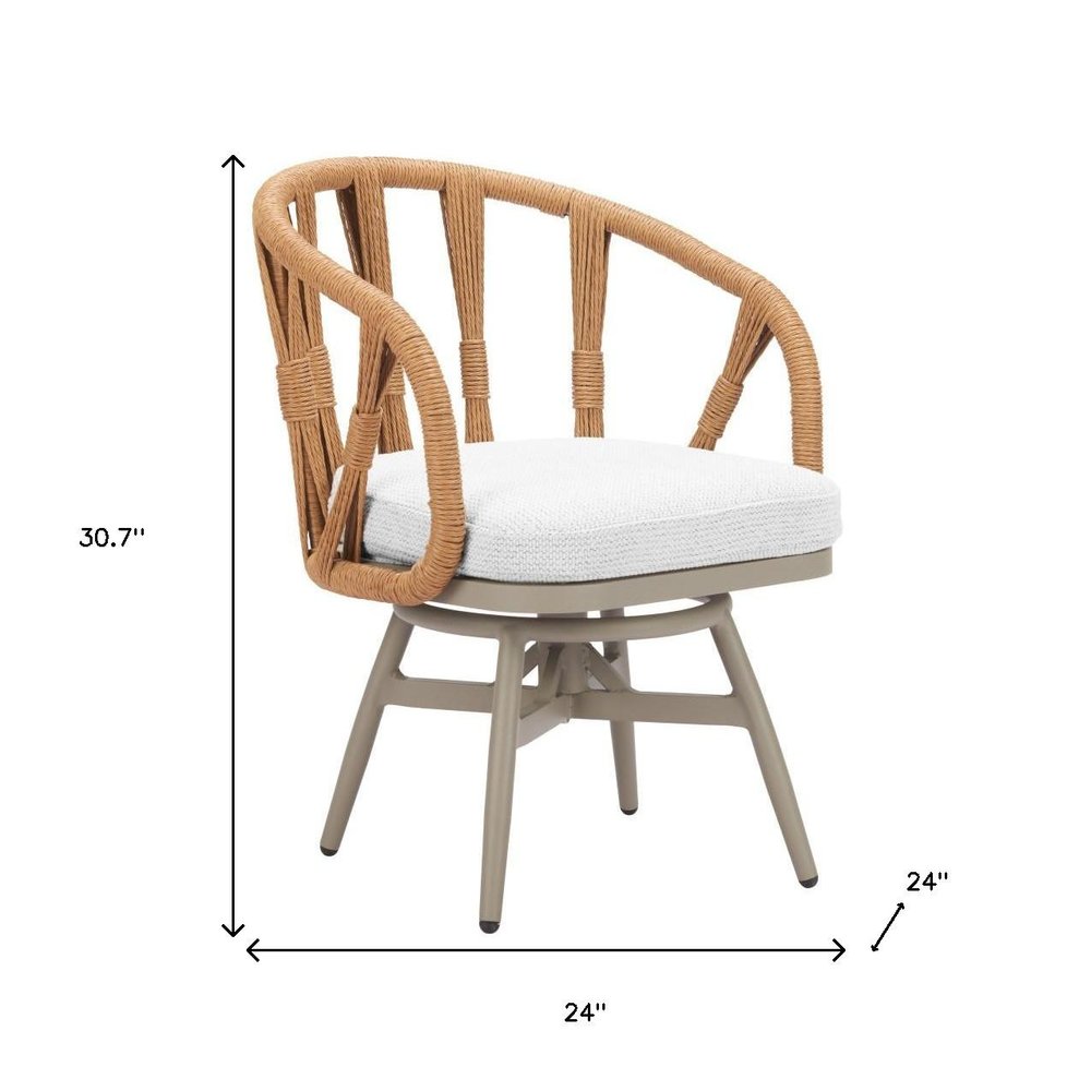 Tan rope-wrapped swivel dining chair with white seat cushion and gray metal base, 30.7" H x 24" W.