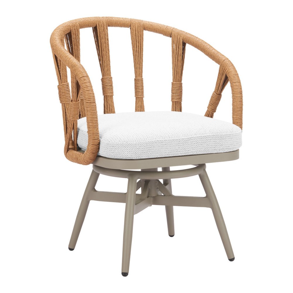 White and Gray Slipcovered Upholstery Open Back Swivel Dining Arm Chair