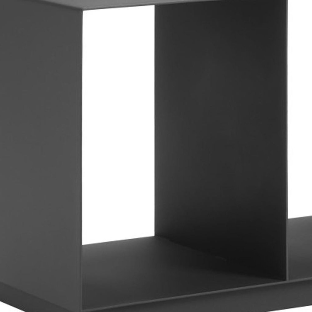 Charcoal aluminum outdoor coffee table with a minimalist design, featuring open shelving and a matte finish.