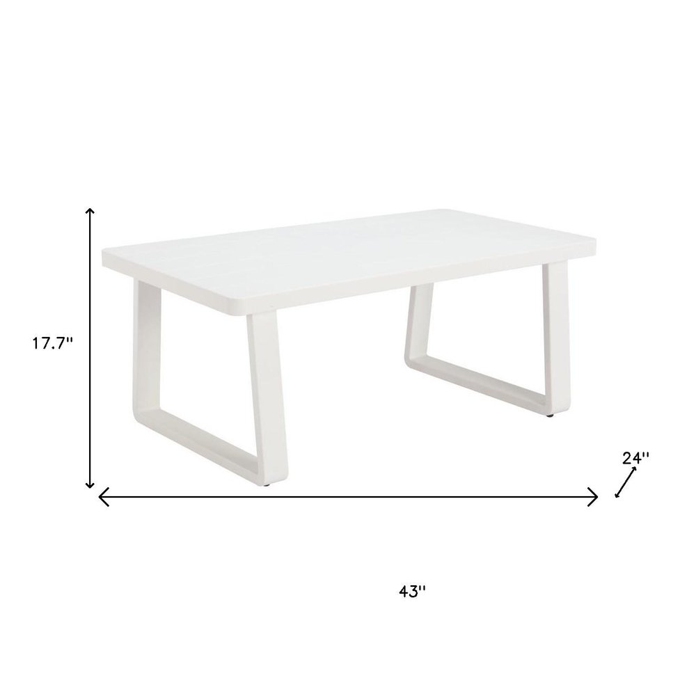 43" White Aluminum Outdoor Coffee Table. Outdoor table isolated on a plain white background, finished in white metal.