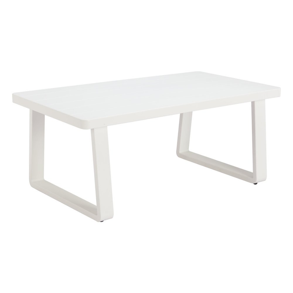 43" White Aluminum Outdoor Coffee Table. Outdoor table isolated on a plain white background, in a white metal finish.