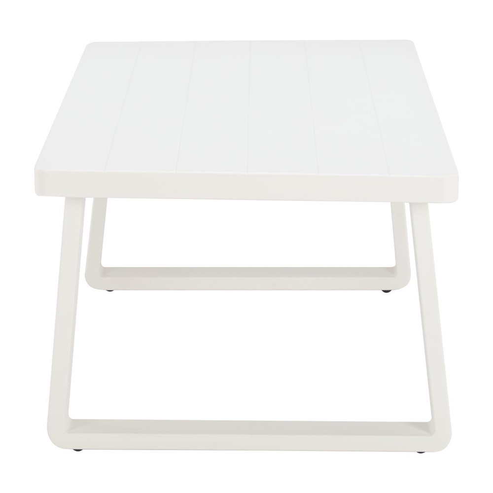 43" White Aluminum Outdoor Coffee Table. Outdoor table isolated on a plain white background, finished in white metal.