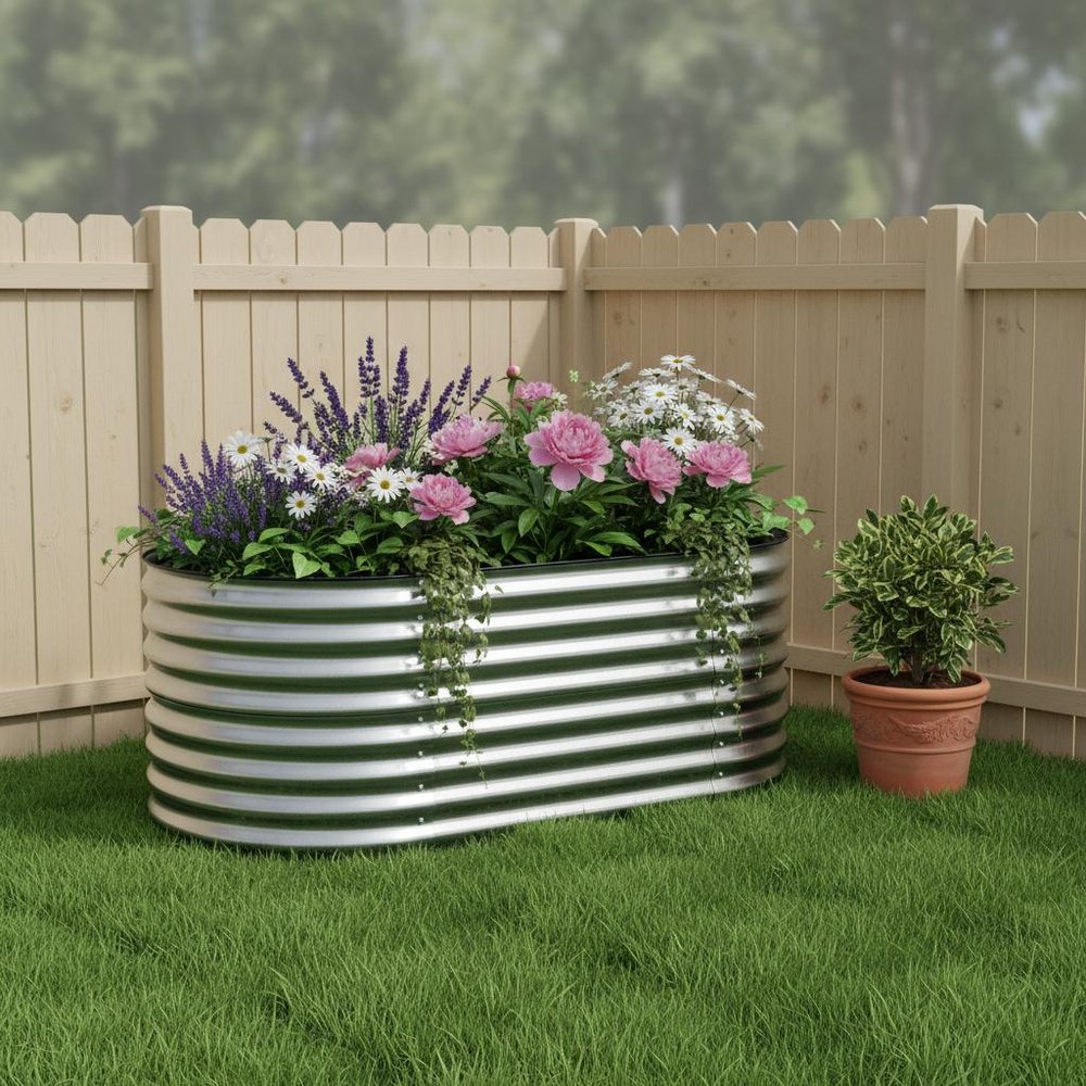 32" X 63" Silver Metal Oval Raised Garden Bed
