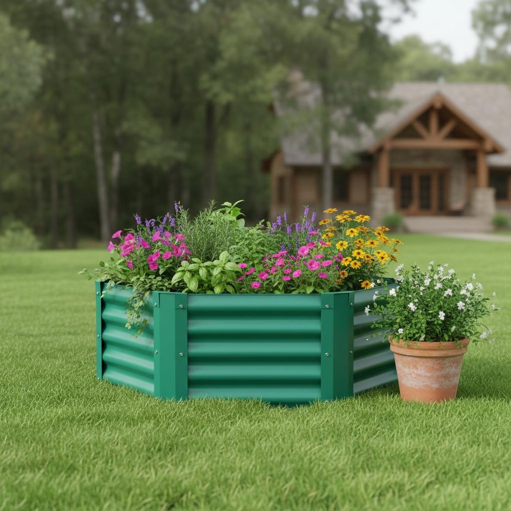 16" X 41" Green Steel Hexagon Planter Box shown outdoors on a patio with greenery.