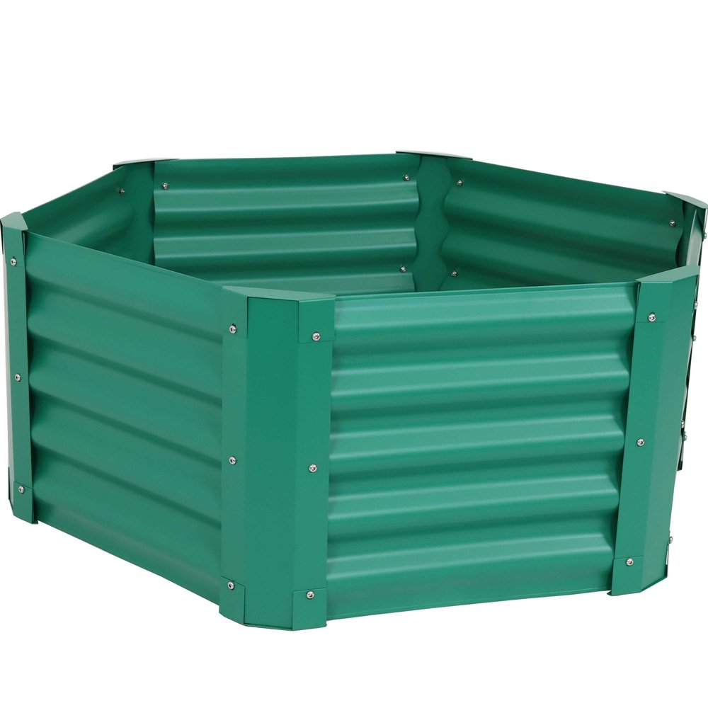 16" X 41" Green Steel Hexagon Planter Box. Outdoor planter isolated on a plain white background, in a green metal finish.