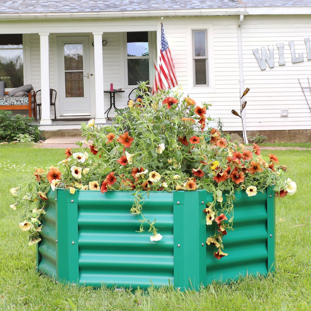 16" X 41" Green Steel Hexagon Planter Box. Outdoor planter in green metal.