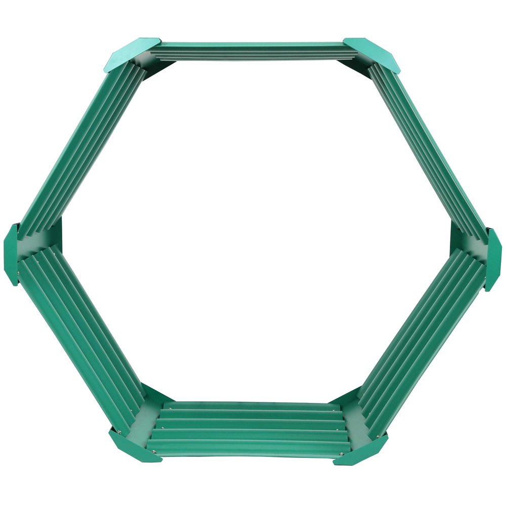 16" X 41" Green Steel Hexagon Planter Box. Outdoor planter isolated on a plain white background, finished in green metal.