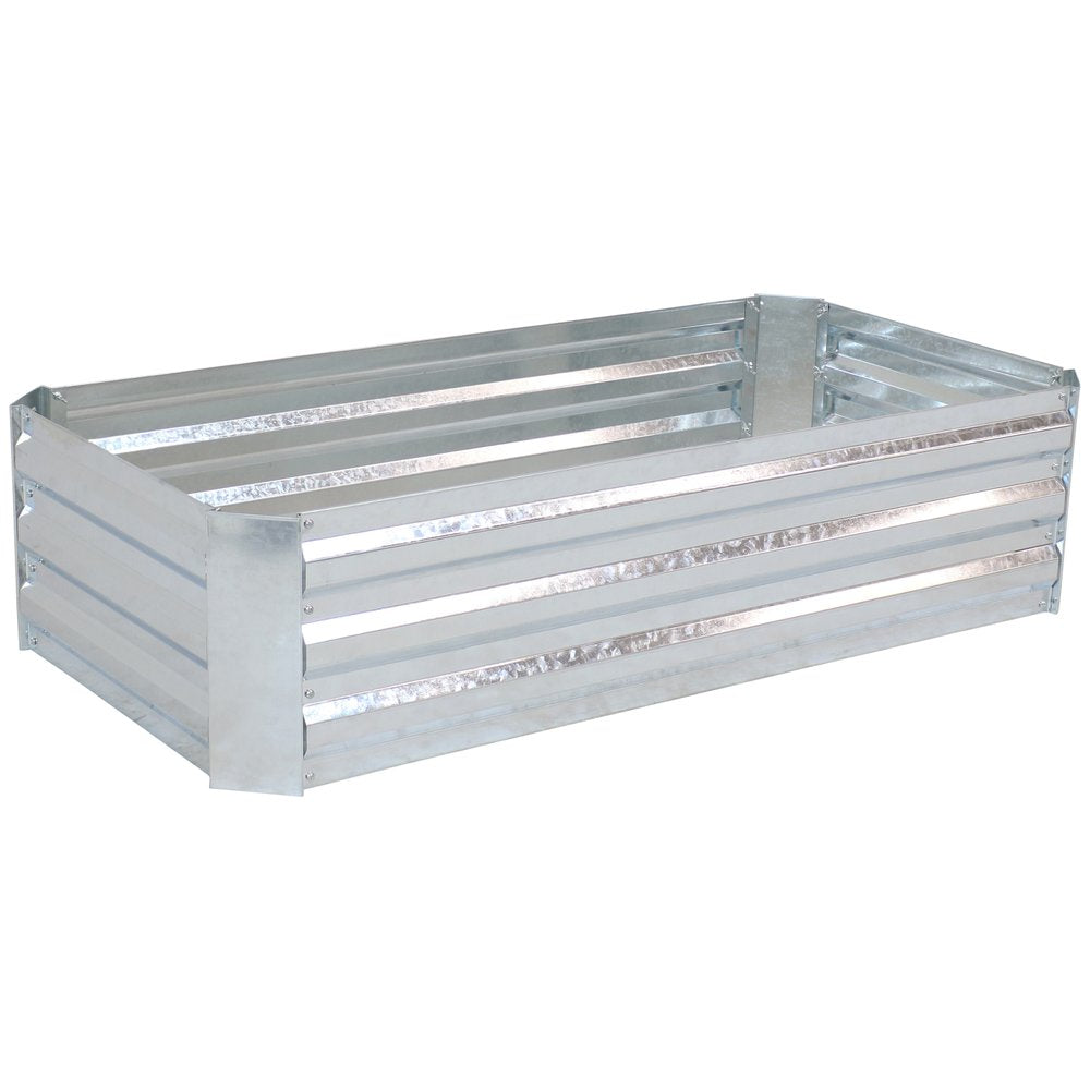 12" X 48" Silver Metal Rectangular Raised Garden Bed. Outdoor planter isolated on a plain white background, finished in silver metal.