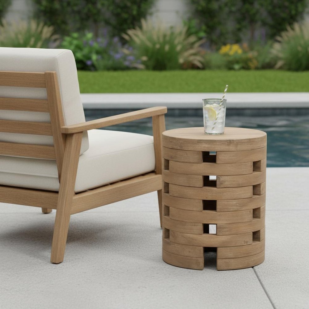 14" Natural Solid Wood Round Outdoor Side Table shown outdoors on a tiled patio with greenery in tan wood.