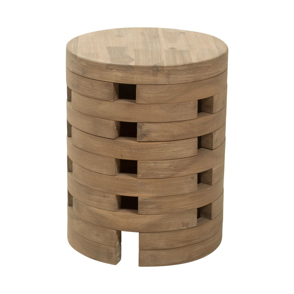 14" Natural Solid Wood Round Outdoor Side Table. Outdoor table isolated on a plain white background, finished in tan wood.
