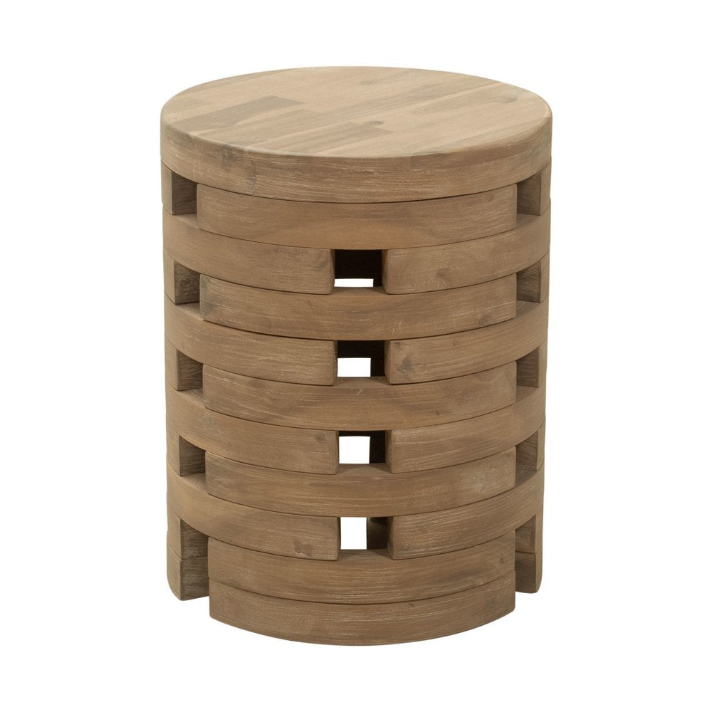 14" Natural Solid Wood Round Outdoor Side Table. Outdoor table isolated on a plain white background, in a tan wood finish.