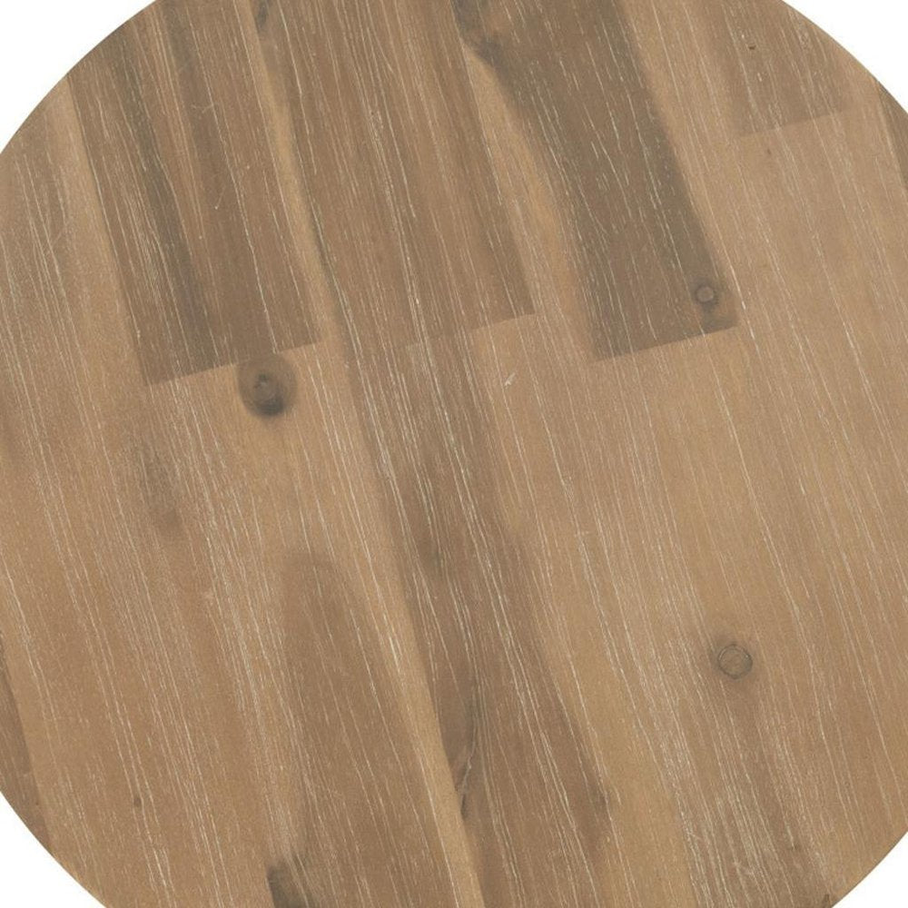 14" Natural Solid Wood Round Outdoor Side Table. Outdoor table in tan wood.