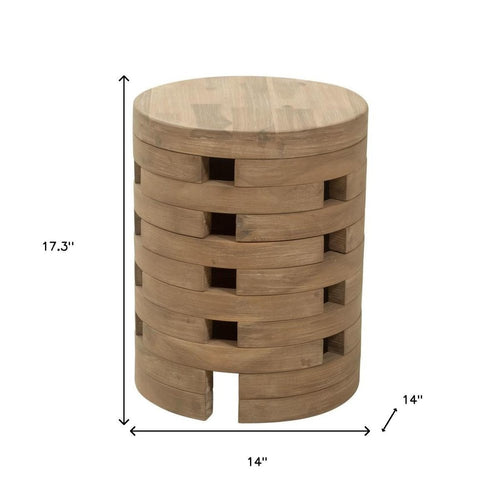 A 17.3" tall, 14" wide natural solid wood round outdoor side table with a stacked block design.