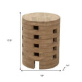 14" Natural Solid Wood Round Outdoor Side Table. Outdoor table isolated on a plain white background, finished in tan wood.