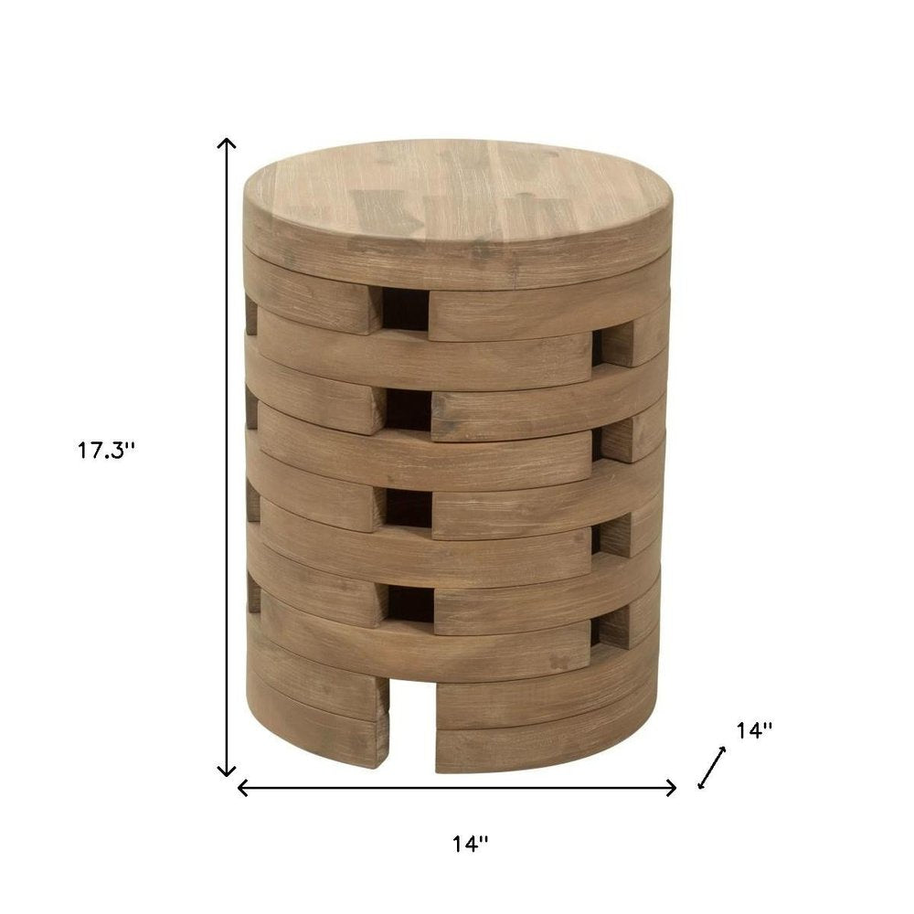 14" Natural Solid Wood Round Outdoor Side Table. Outdoor table isolated on a plain white background, finished in tan wood.