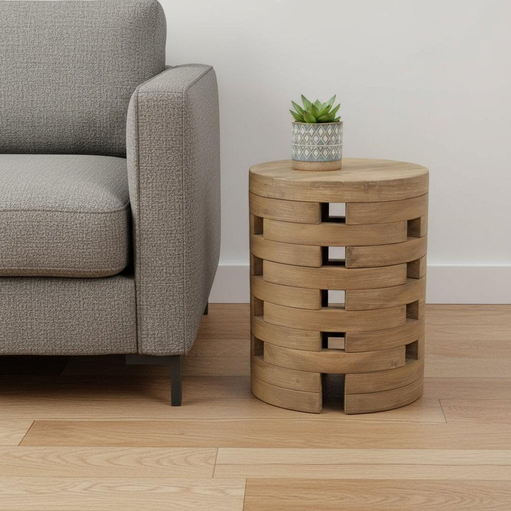 14" Natural Solid Wood Round Outdoor Side Table. Outdoor table in tan wood.