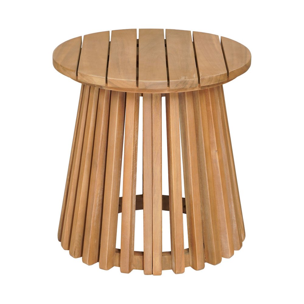 16" Natural Solid Wood Round Outdoor Side Table. Outdoor table isolated on a plain white background, finished in tan wood.