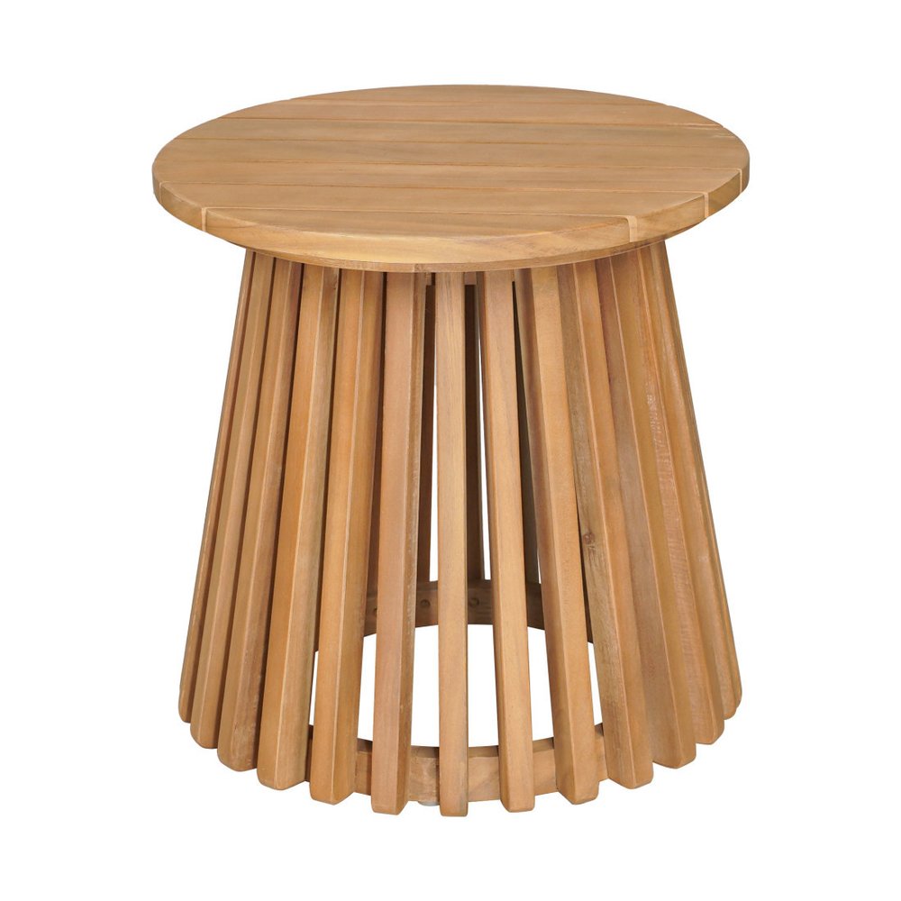 16" Natural Solid Wood Round Outdoor Side Table. Outdoor table isolated on a plain white background, showing a tan wood surface.