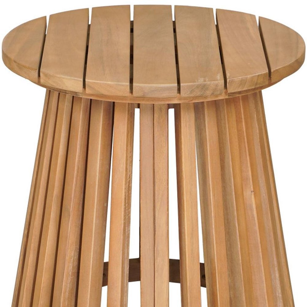 Natural solid wood round outdoor side table with slatted top and tapered slatted base on a white background.