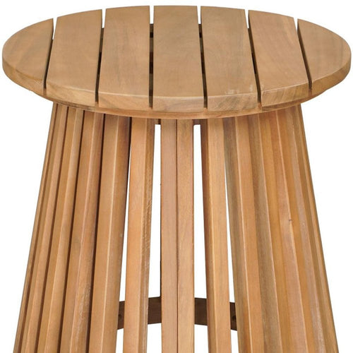 Natural solid wood round outdoor side table with slatted top and tapered slatted base on a white background.