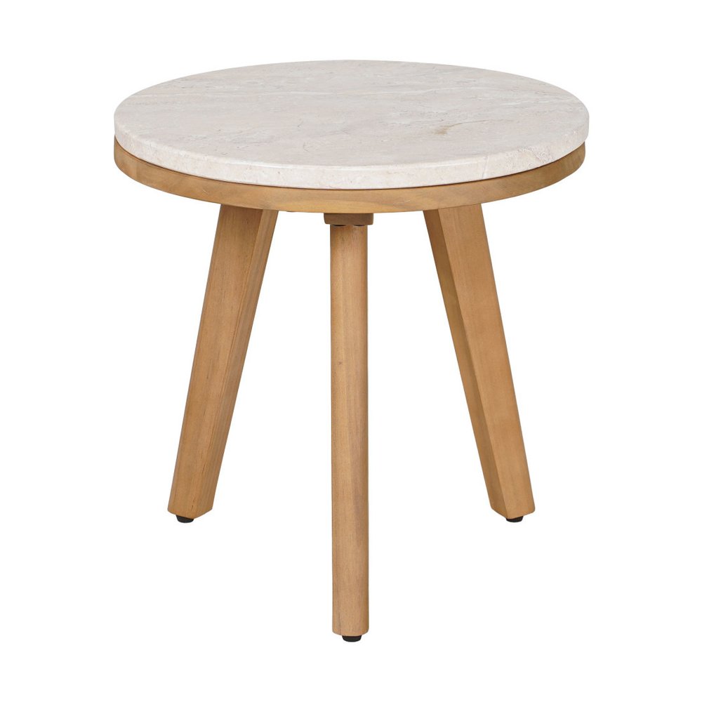 16" Beige and Natural Stone and Solid Wood Round Outdoor Side Table