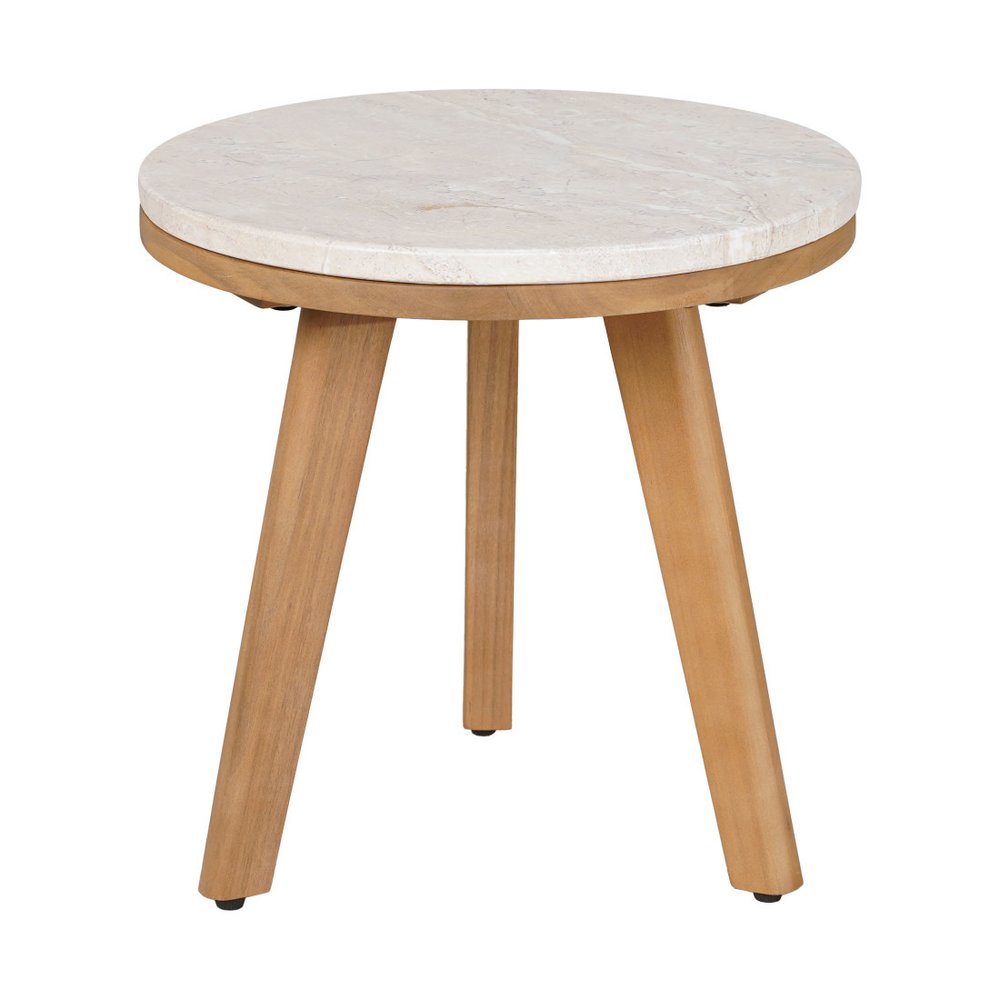 16" Beige and Natural Stone and Solid Wood Round Outdoor Side Table. Outdoor table isolated on a plain white background, showing a beige wood surface.