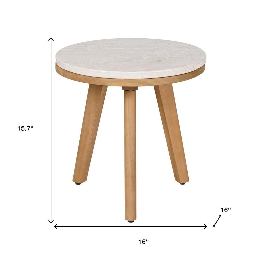 16" Beige and Natural Stone and Solid Wood Round Outdoor Side Table