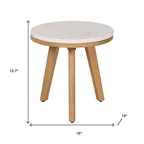 16" Beige and Natural Stone and Solid Wood Round Outdoor Side Table