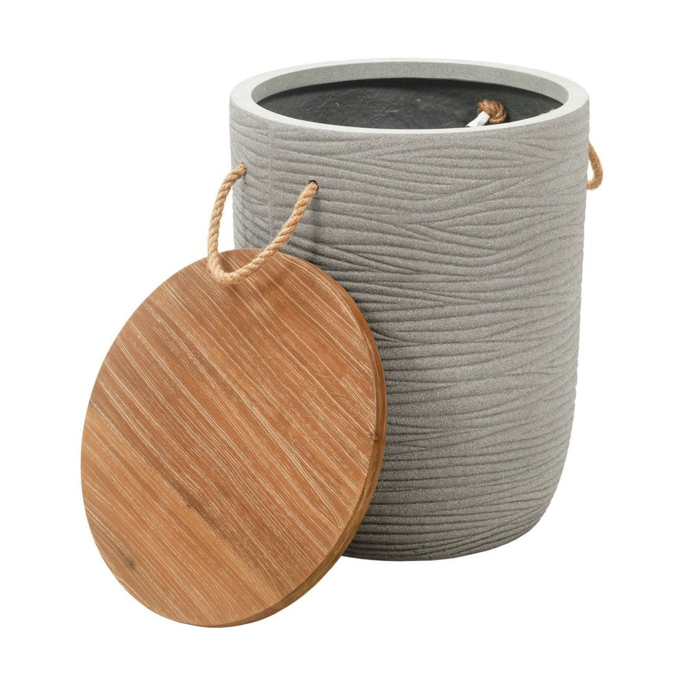 14" Natural and Gray Solid Wood and Faux Concrete Round Outdoor Side Table. Outdoor table isolated on a plain white background, in a gray wood finish.