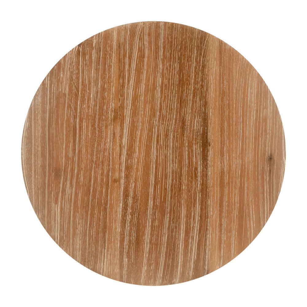 14" Natural and Gray Solid Wood and Faux Concrete Round Outdoor Side Table. Outdoor table isolated on a plain white background, finished in tan wood.