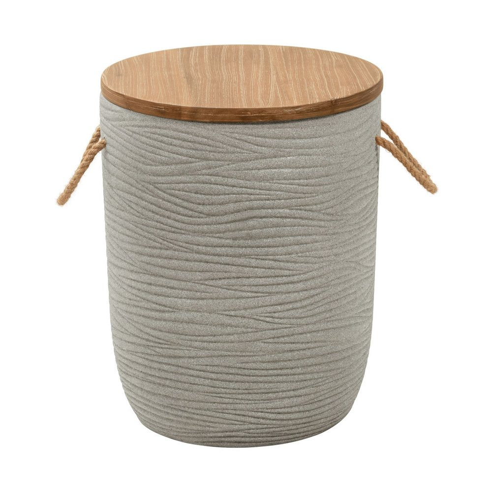 14" Natural and Gray Solid Wood and Faux Concrete Round Outdoor Side Table