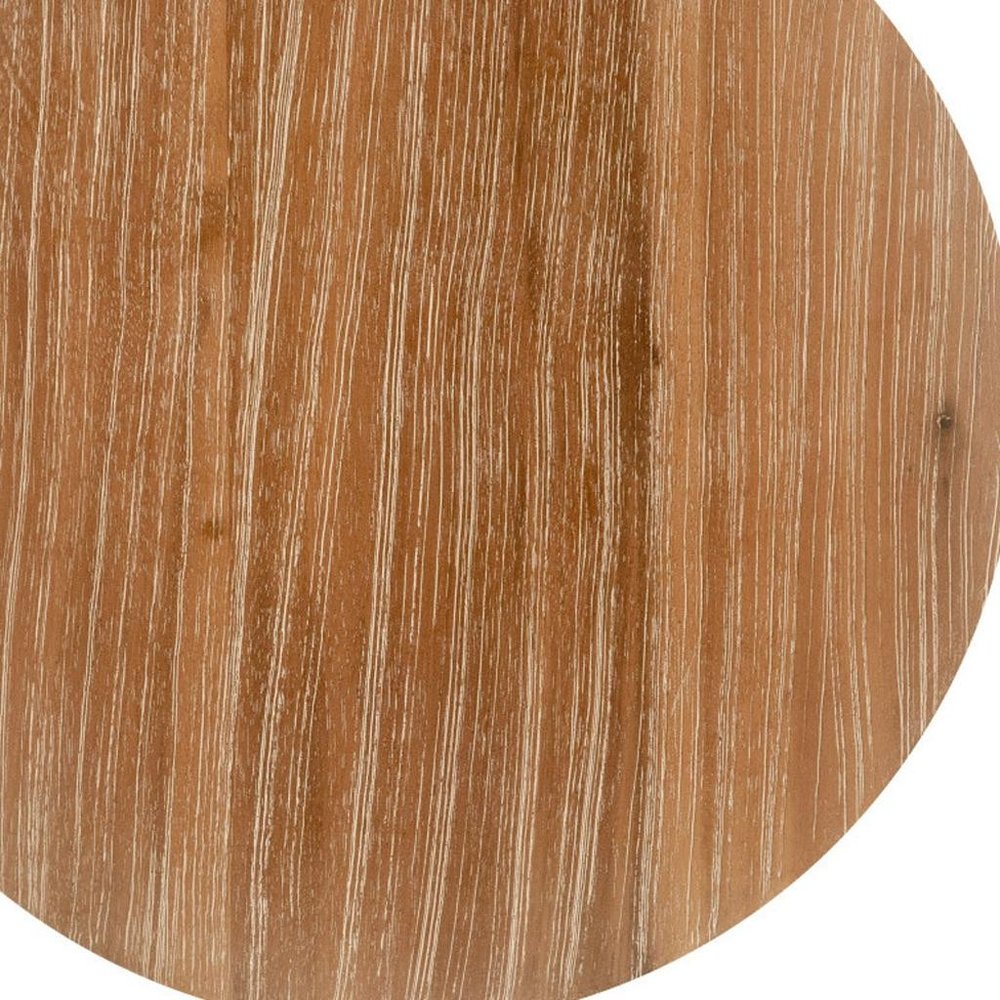 Detail view of 14" Natural and Gray Solid Wood and Faux Concrete Round Outdoor Side Table, filling the frame with the tan wood texture.