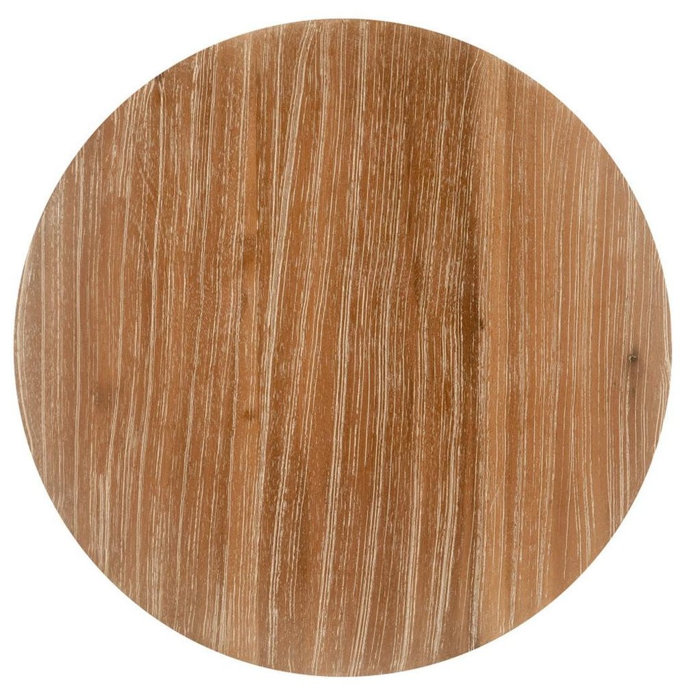 14" Natural and Gray Solid Wood and Faux Concrete Round Outdoor Side Table. Outdoor table isolated on a plain white background, in a tan wood finish.