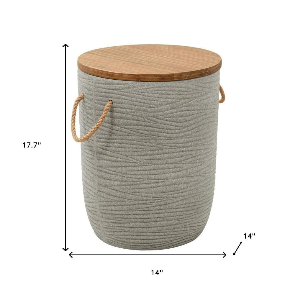 Round gray faux concrete side table with wood lid and rope handles, 17.7" H x 14" W.