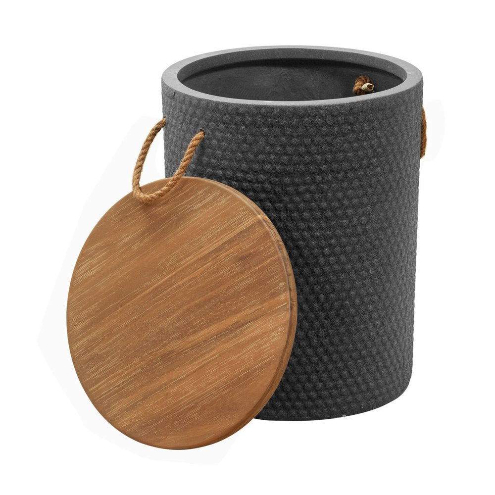 14" Natural and Black Solid Wood and Faux Concrete Round Outdoor Side Table