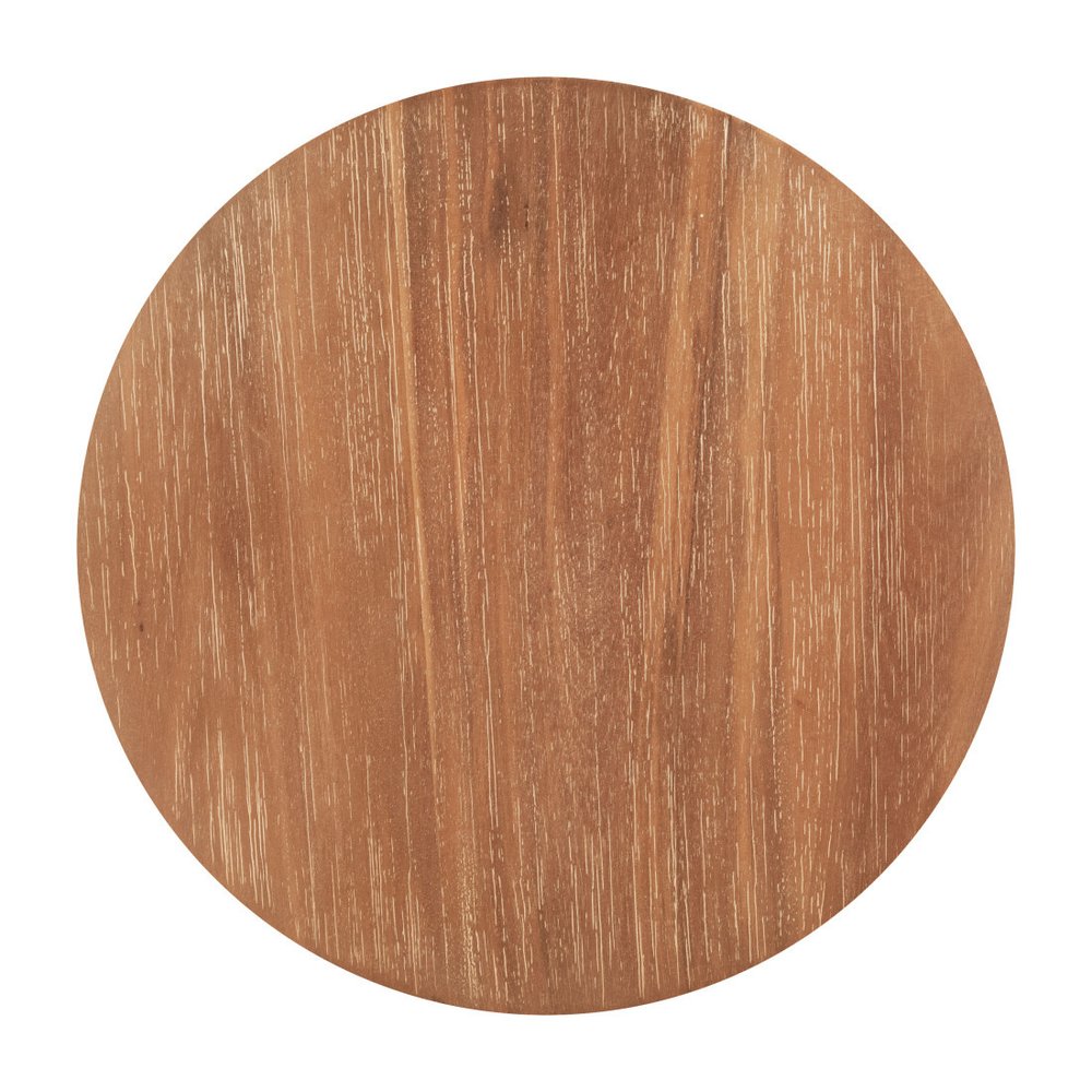 14" Natural and Black Solid Wood and Faux Concrete Round Outdoor Side Table. Outdoor table isolated on a plain white background, finished in tan wood.