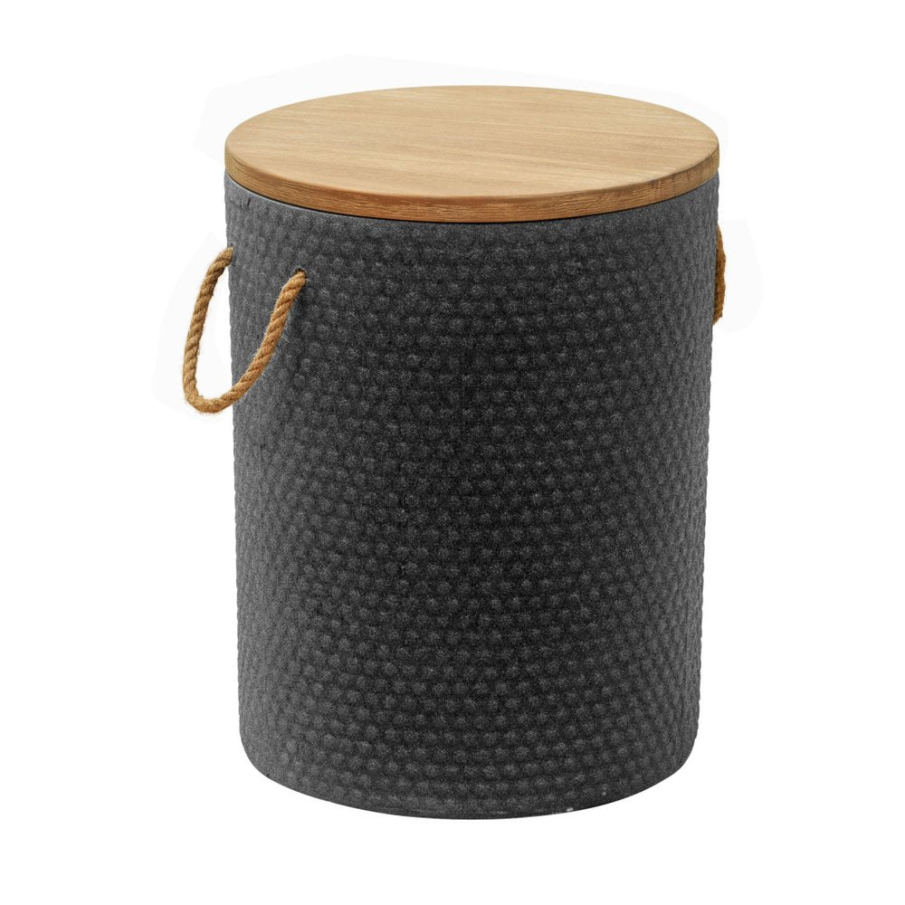 14" Natural and Black Solid Wood and Faux Concrete Round Outdoor Side Table. Outdoor table isolated on a plain white background, showing a black wood surface.