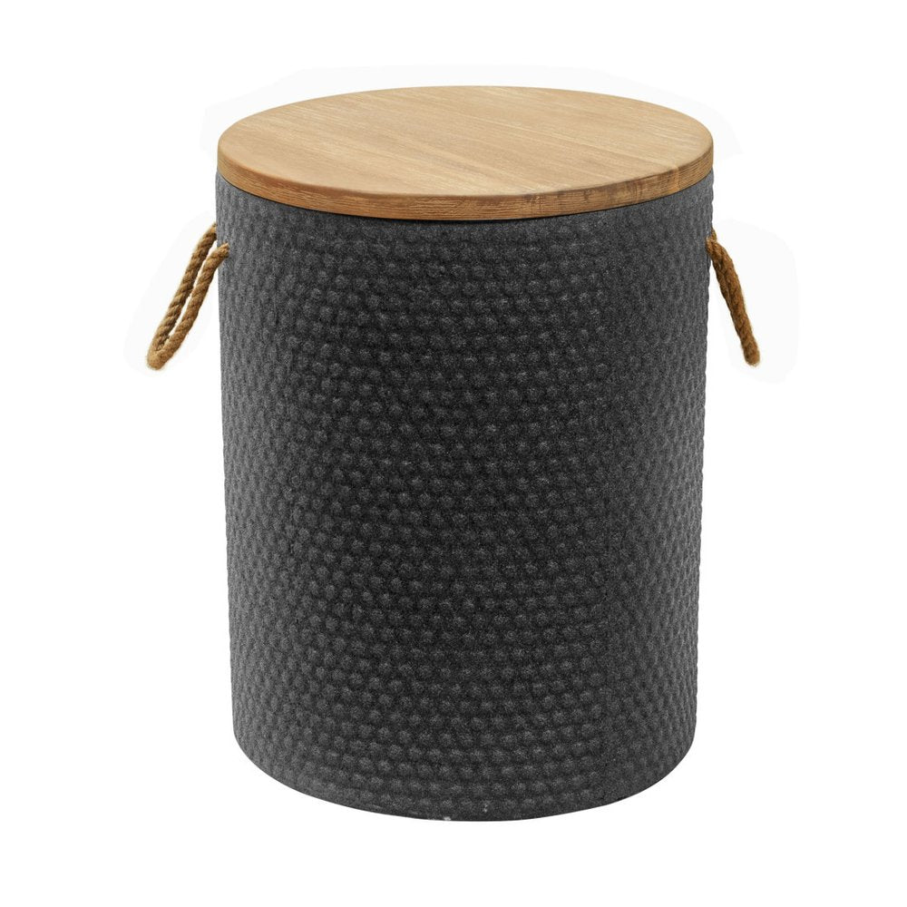 14" Natural and Black Solid Wood and Faux Concrete Round Outdoor Side Table. Outdoor table isolated on a plain white background, in a black wood finish.
