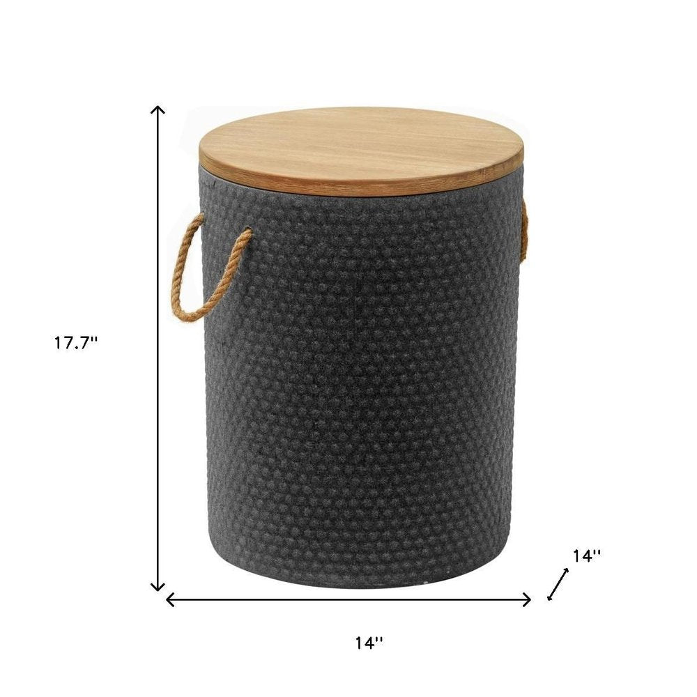 14" Natural and Black Solid Wood and Faux Concrete Round Outdoor Side Table