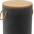 Round side table with a textured dark gray base and a natural wood top, featuring rope handles.