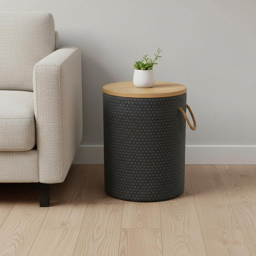 14" Natural and Black Solid Wood and Faux Concrete Round Outdoor Side Table