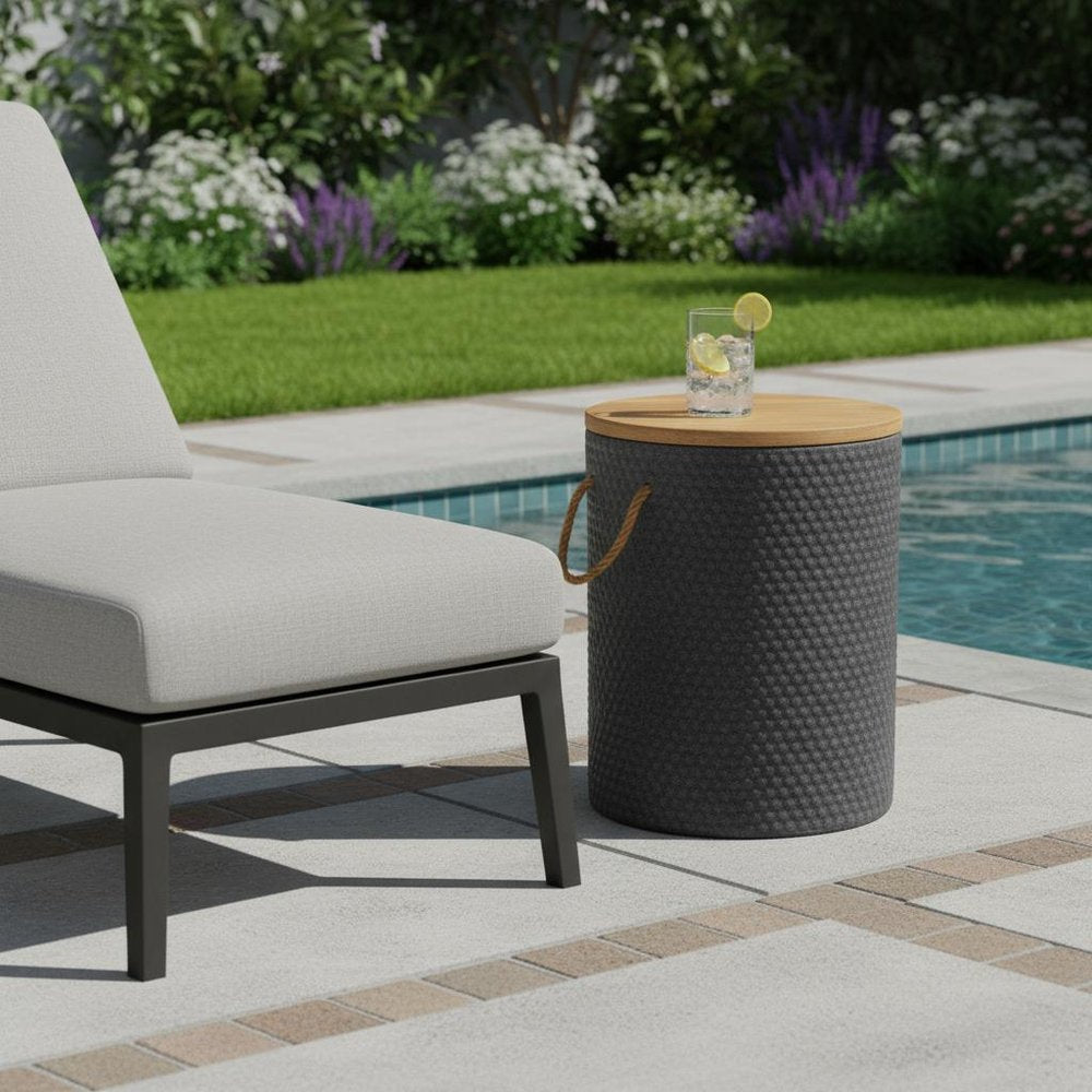 14" Natural and Black Solid Wood and Faux Concrete Round Outdoor Side Table